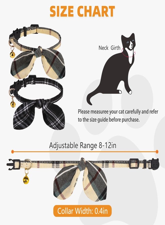 KOOLTAIL Cat Collar Breakaway with Bowtie and Bells, 2 Pack Cute Kitten Collars for Boys & Girls, Classic Plaid Design with Safety Buckle Adjustable for Small Large Cats Puppy,Black & Beige - Image 2